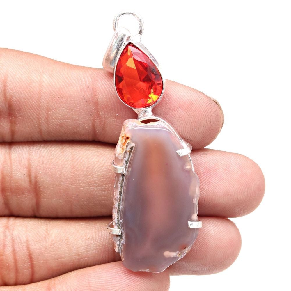 Pink Slice Drusy Gemstone Pendant in Handmade Sterling Silver 2.75 Inch