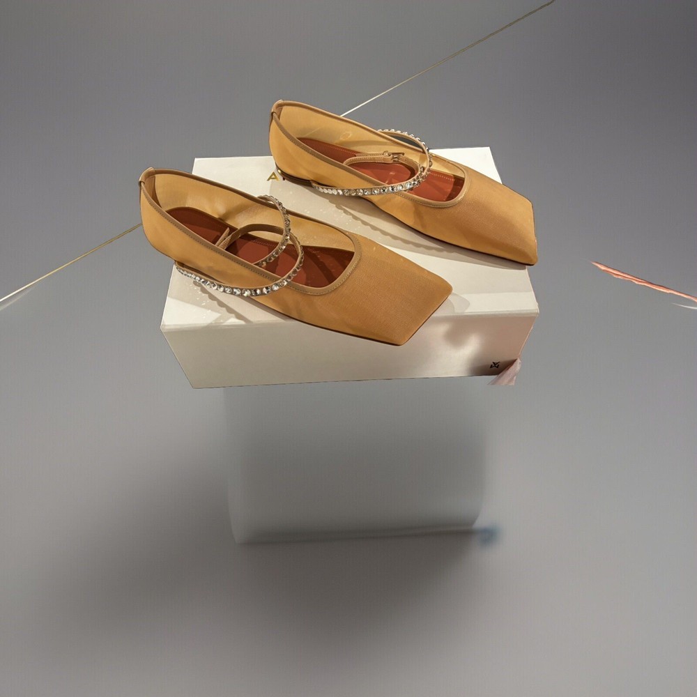 Amina Muaddi Ane Mesh Crystal Flat Mesh Latte Sz. 39.5/NWT/Crystal Ankle Straps