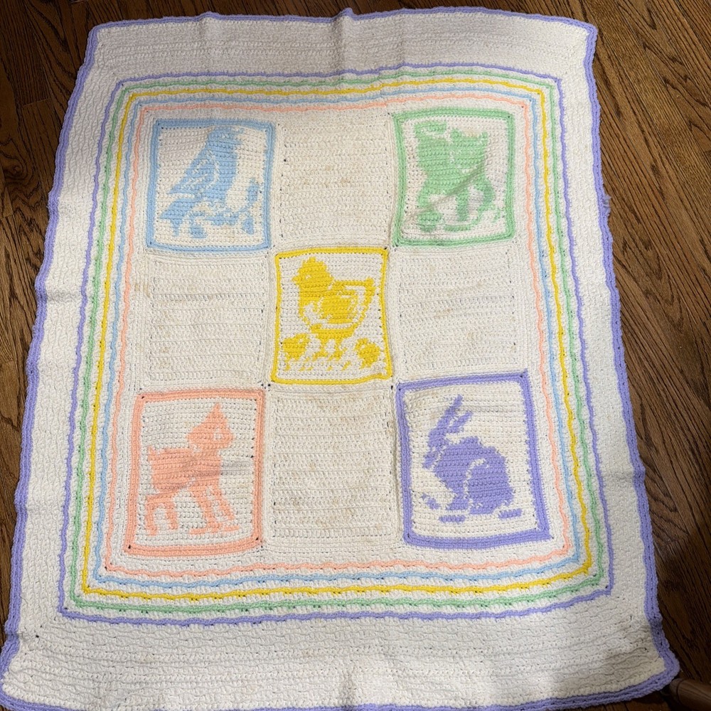 Hand Knit Crochet Baby Blanket Bunny Horse Easter Throw  Spring Cat Pastel Vtg