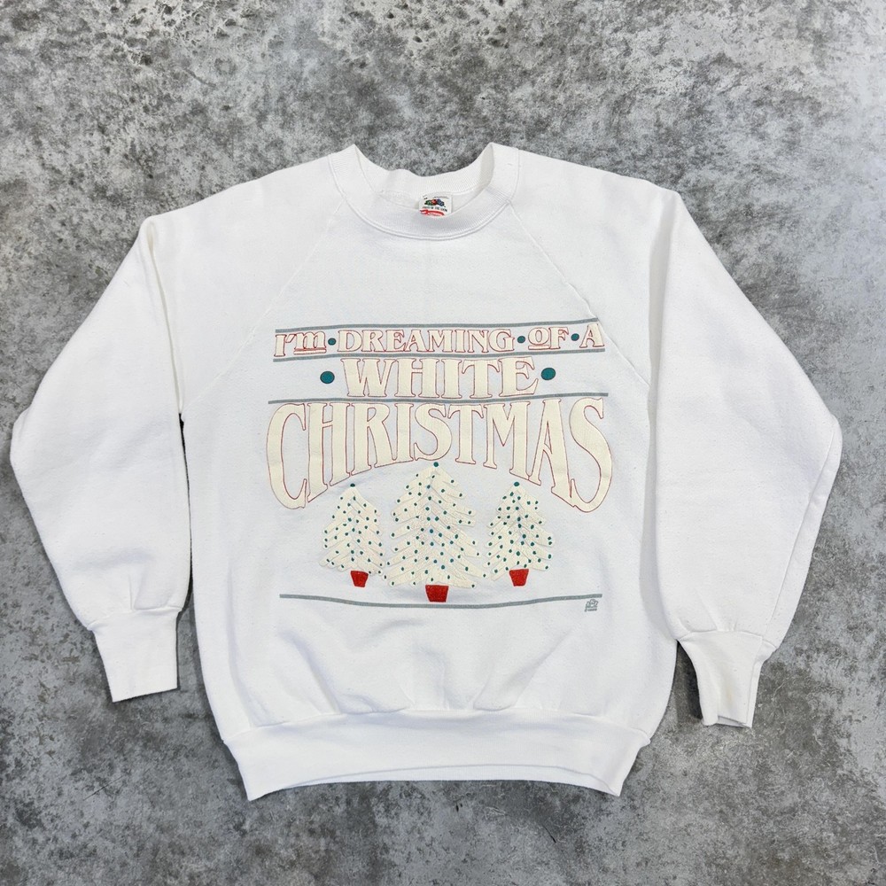 Vintage Fruit of the Loom Sweatshirt Mens Medium White Christmas Made USA