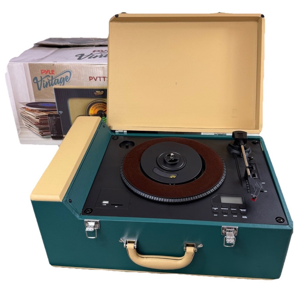 Vintage Pyle Turntable with Bluetooth USB and Built-in Speakers