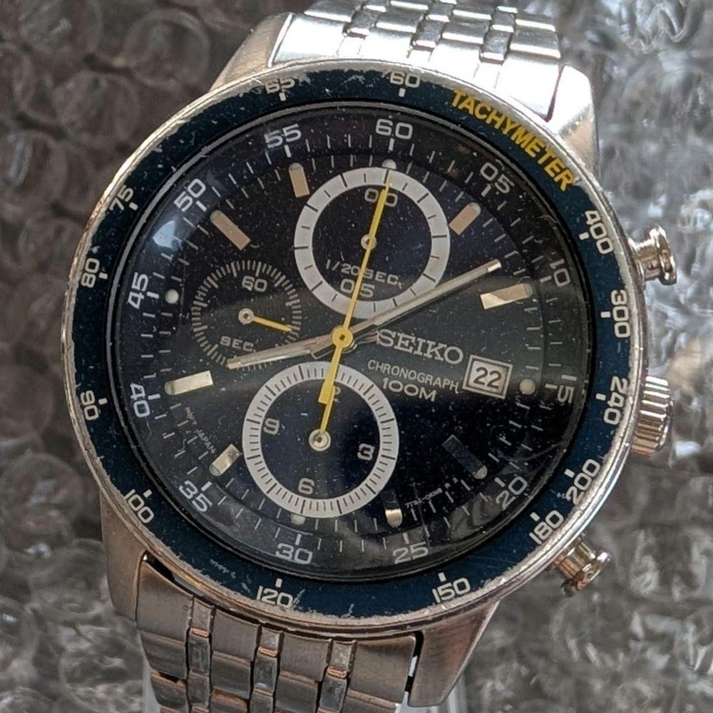 Seiko 7T92 Tachymeter Chronograph Watch 100M Water Resistant Indigo Blue Dial