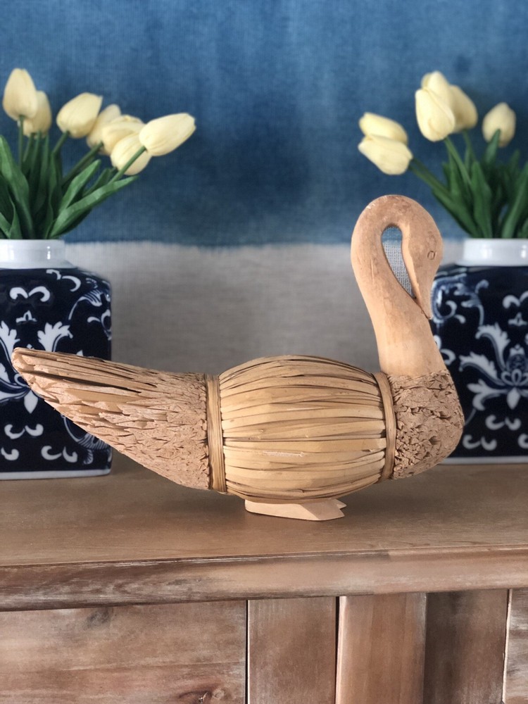 Vintage Swan Bird Figurine Coastal Beach Home Decor Wood Head Reed Boho 12”