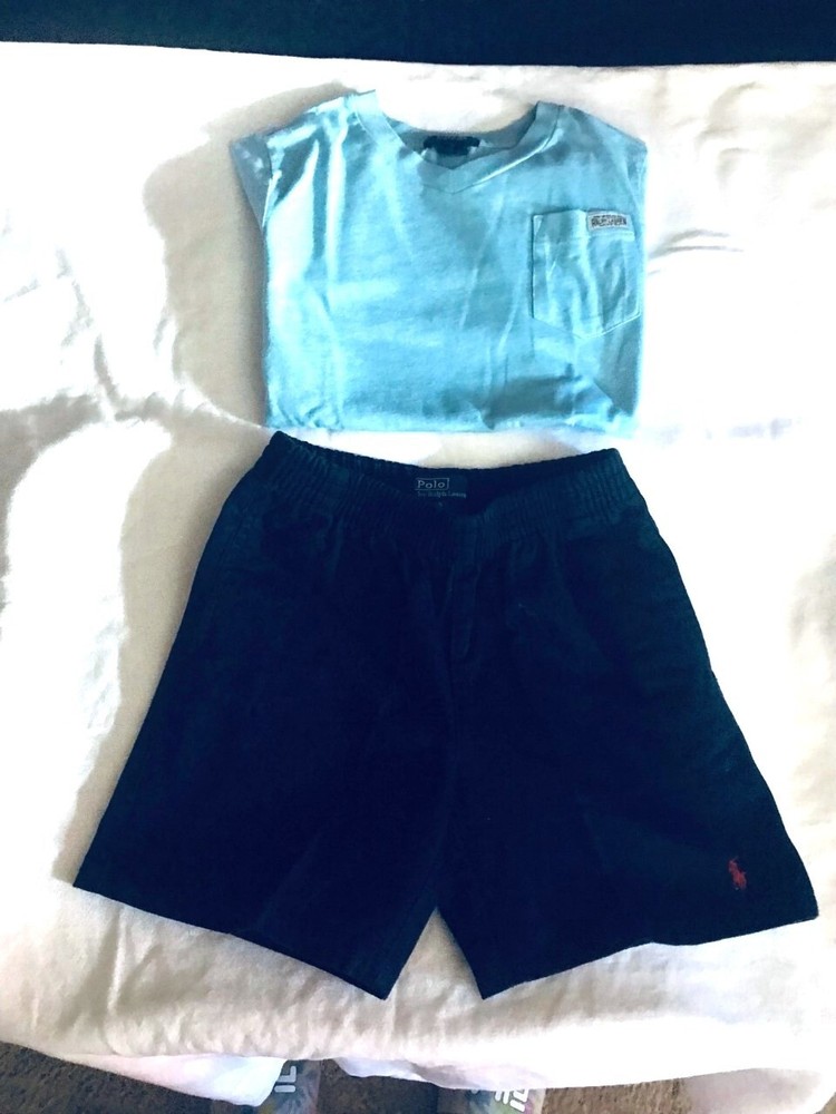 POLO RALPH LAUREN BOYS SZ 5 PULL ON NAVY TWILL SHORTS & BLUE VNECK TSHIRT EXCOND