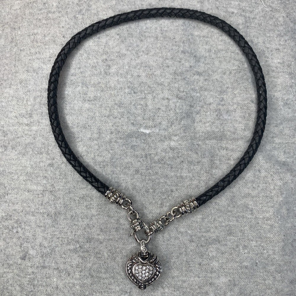 Judith Ripka Braided Leather Necklace Sterling Silver 925 Cz Heart Pendant 48g