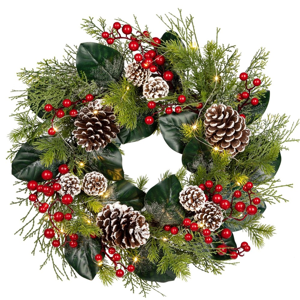 20-Inch Lighted Christmas Wreath with Red Berries for Outdoor Decor