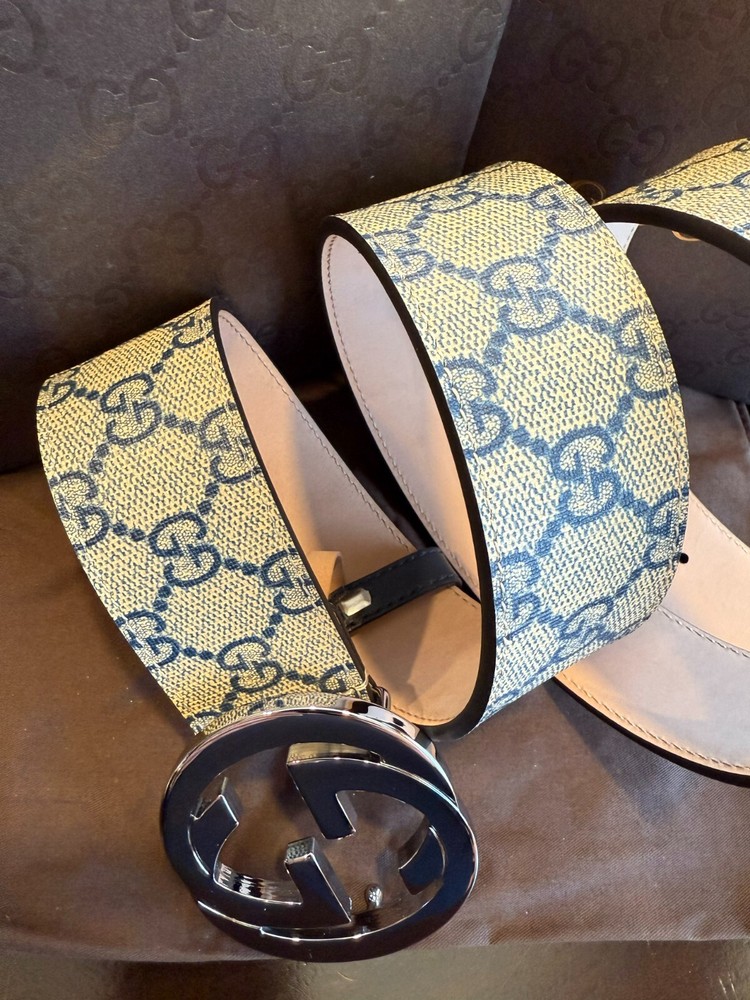Gucci GG Supreme Canvas Leather Belt Beige Blue 90 cm Fits Waist 30-32