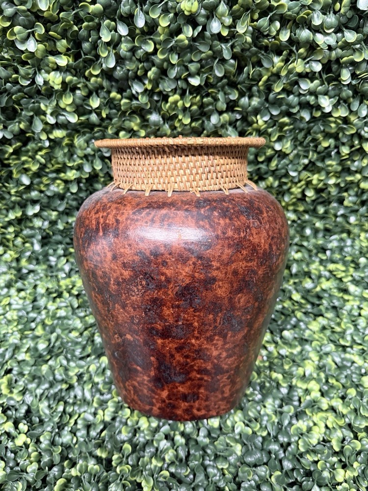 Wicker Top Pottery Vase~ Brown Tones ~ Vintage Rustic Decor~Unique