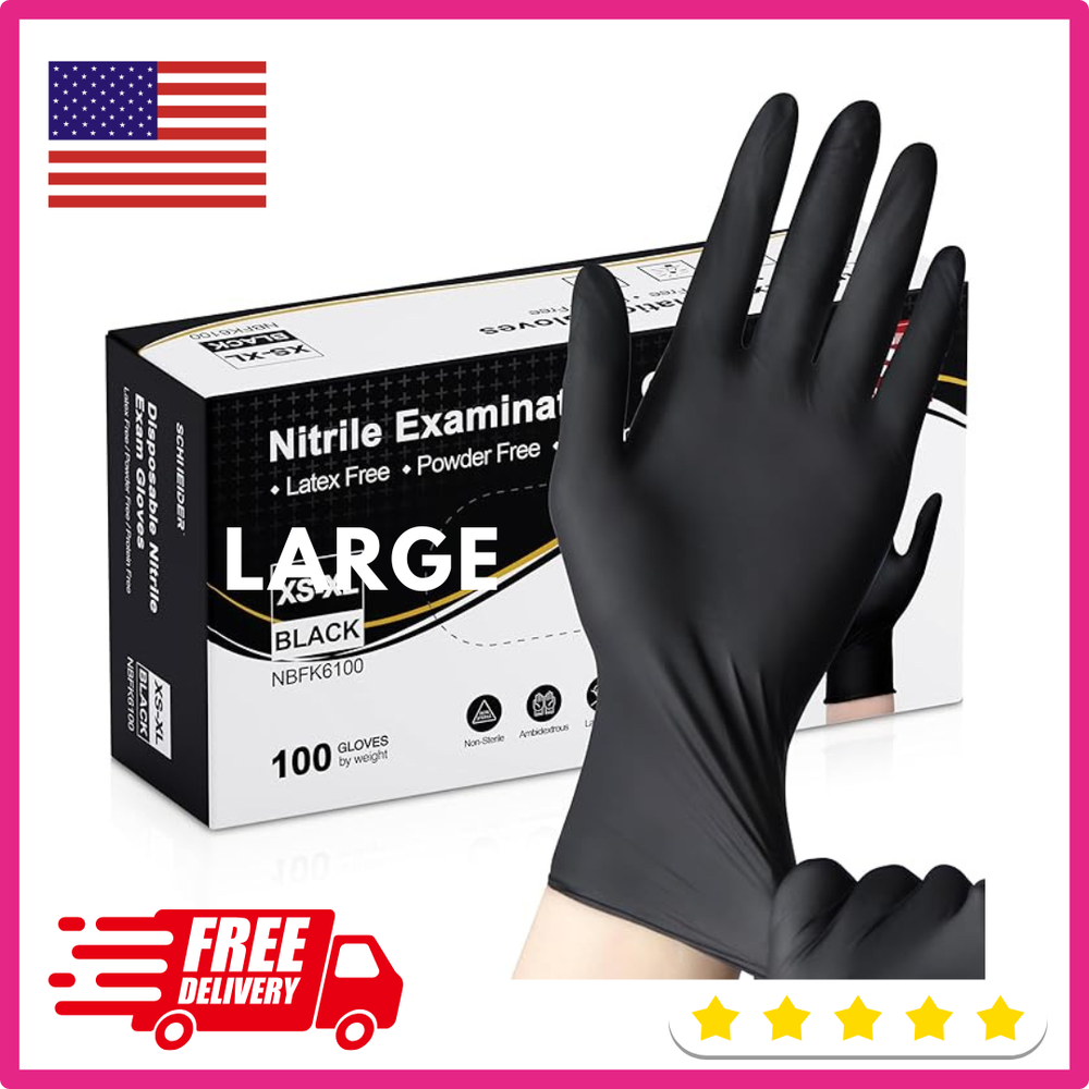 Schneider Black Nitrile Exam Gloves Large 100-Ct Box 4-Mil Latex-Free Powder-Free
