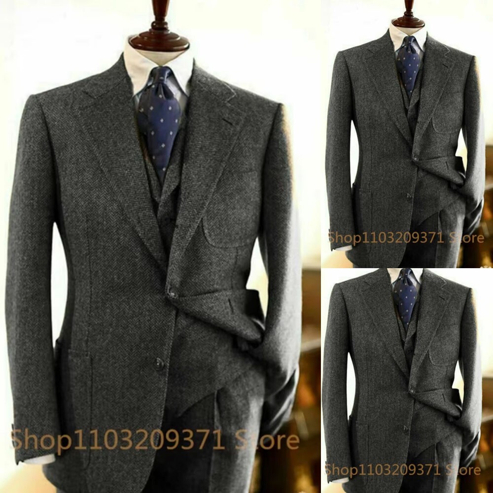 Gray Tweed Herringbone Slim Fit Men's Suit Set - 3-Piece Business Tailored Notch Lapel