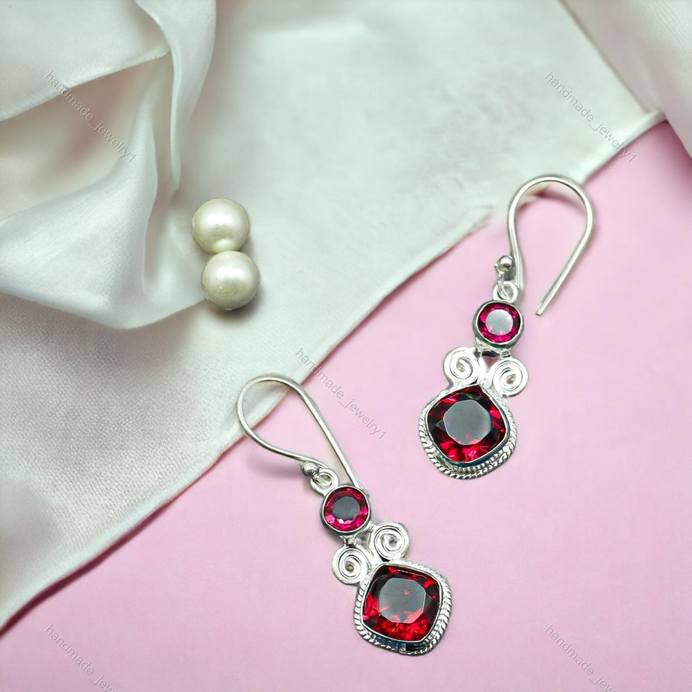 925 Sterling Silver Pink Rubellite Bezel Drop Birthday Earrings