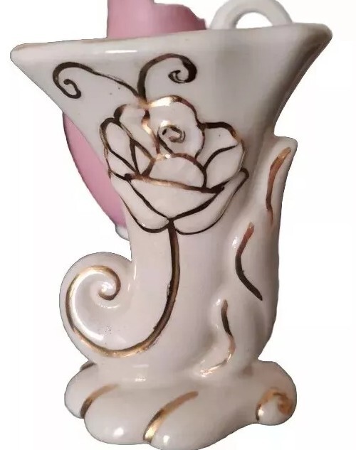 Cornucopia Ceramic Bud Vase in White and Gold 4.75 Inches Tall Vintage Floral Design