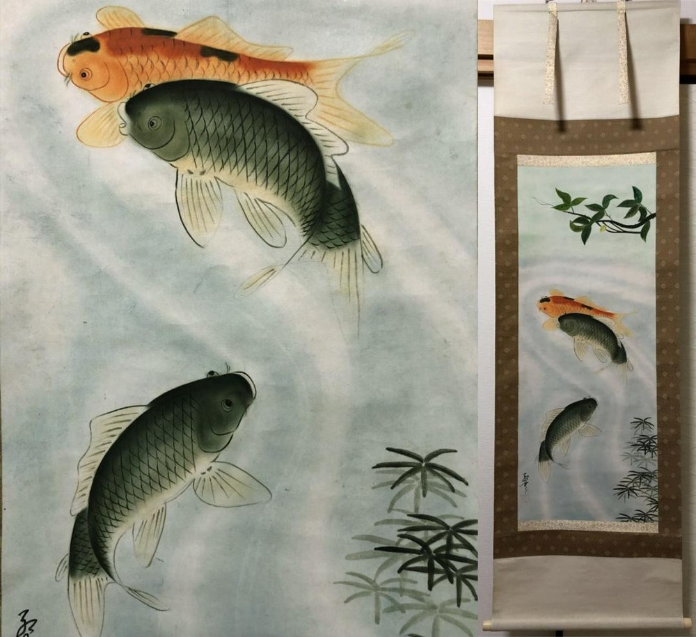 Hanging Scroll, Red Kasumi, Yukoi, Koi, Illustration Of Silk, Handwritten, V554