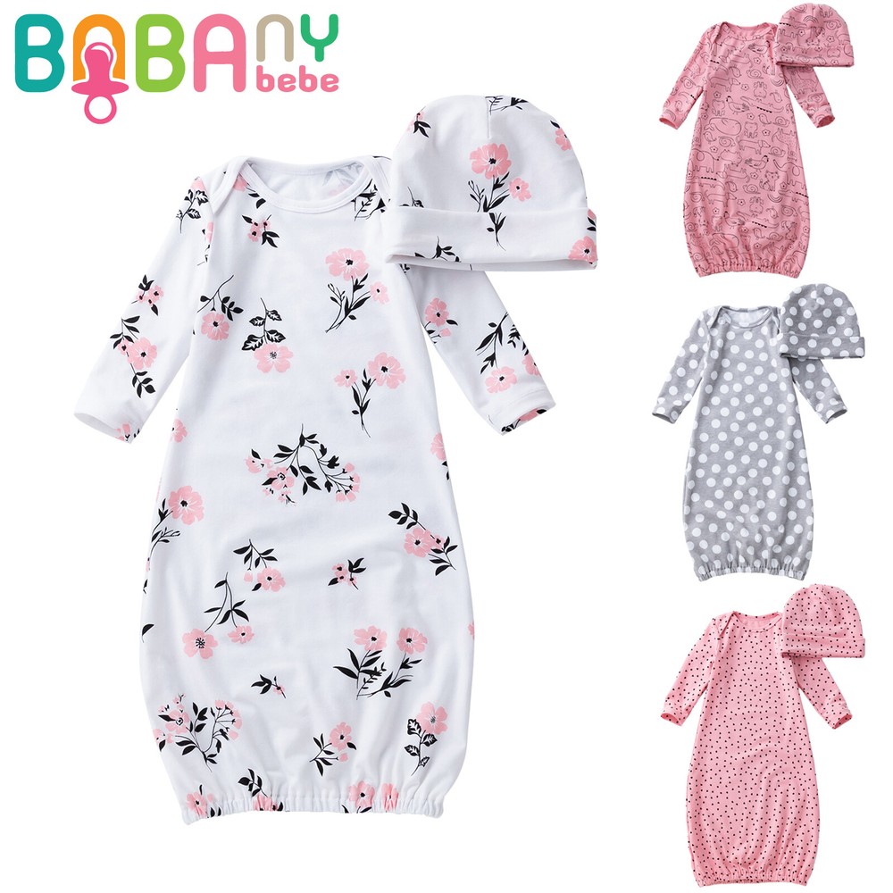 Newborn Baby Girls Cotton Gowns Infant Long Sleeve Nightgowns Sleeping Bag & Hat
