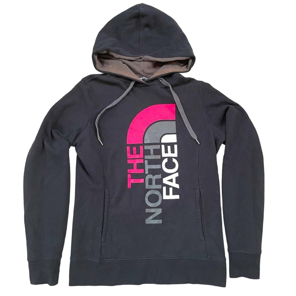 The North Face Womens Black Pink Gray Logo Drawstring Hoodie Size S P