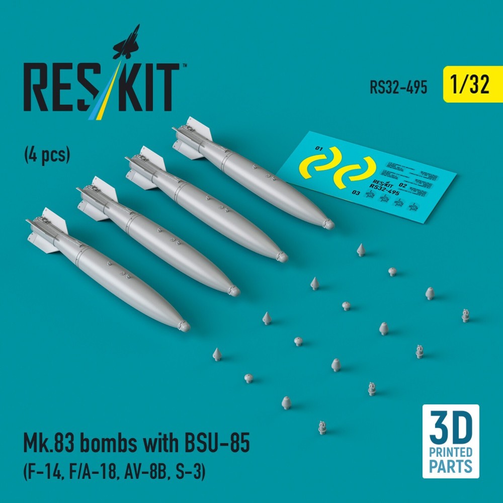 Mk.83 Bombs with BSU-85 Tail Fins (4-Pack) – 1:32 Scale ResKit RS32-0495 for F-14, F/A-18, AV-8B, S-3