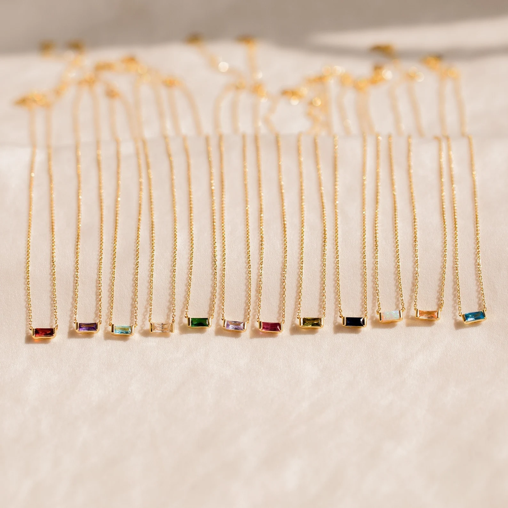 14K Solid Gold Baguette Birthstone Necklace with Simulated Stone Design