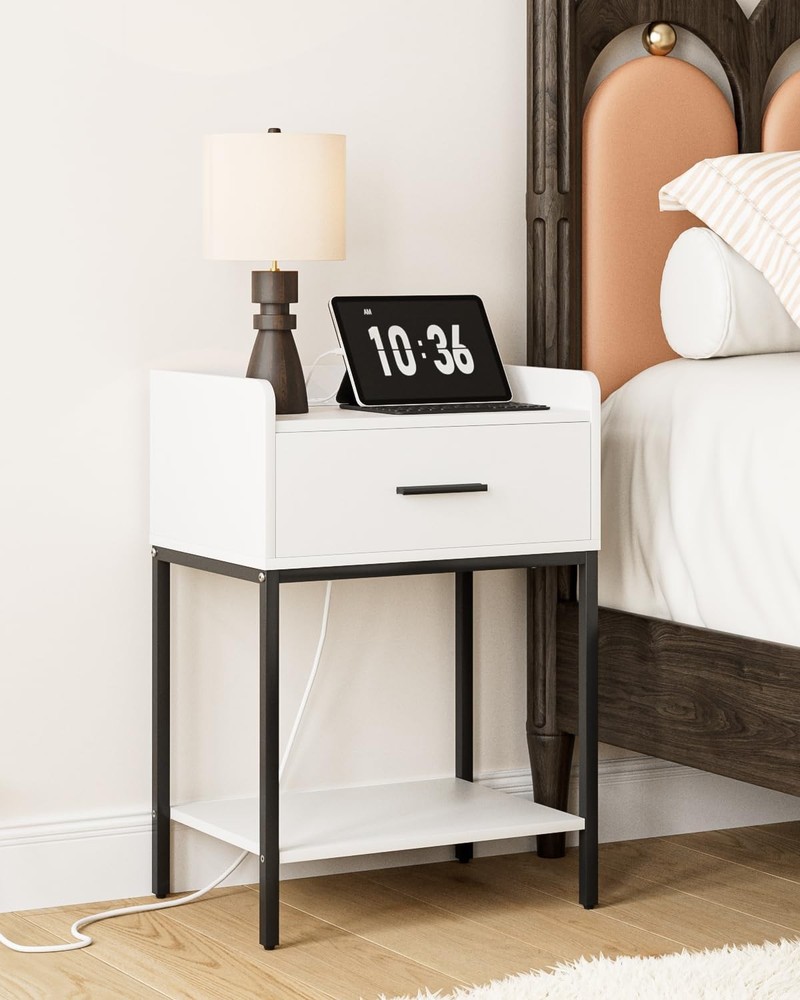 Modern Nightstand with Charging Station and Drawer in White with Black Legs