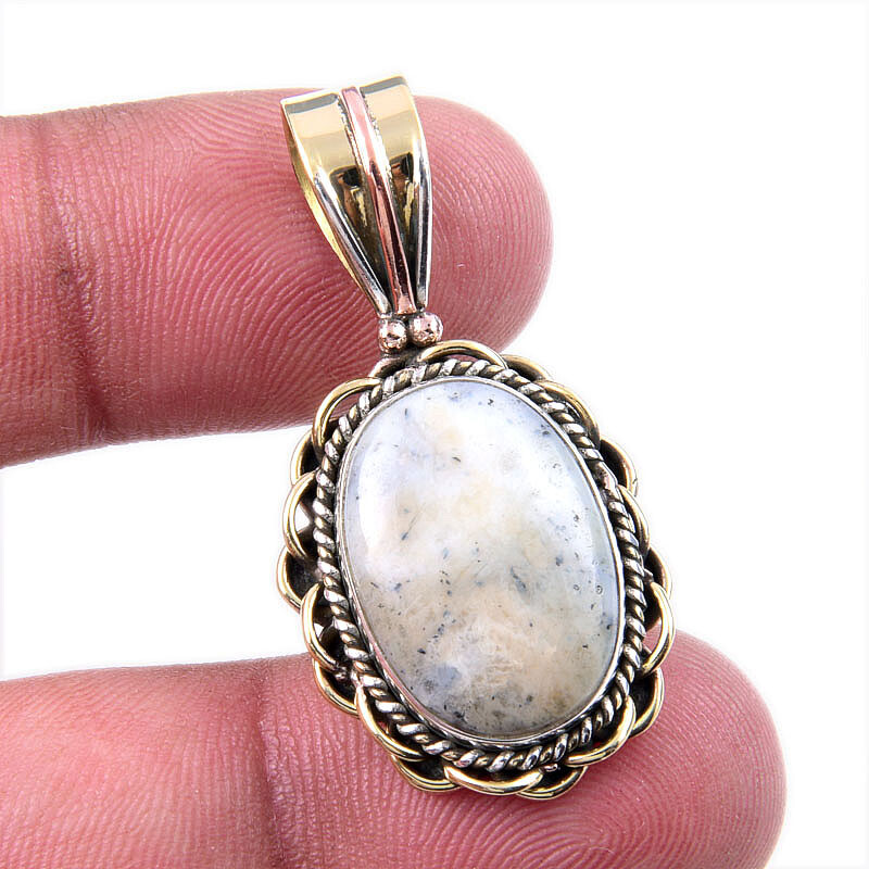 Natural Dendrite Opal 925 Solid Sterling Silver Gift TwoTone Pendant 1.50