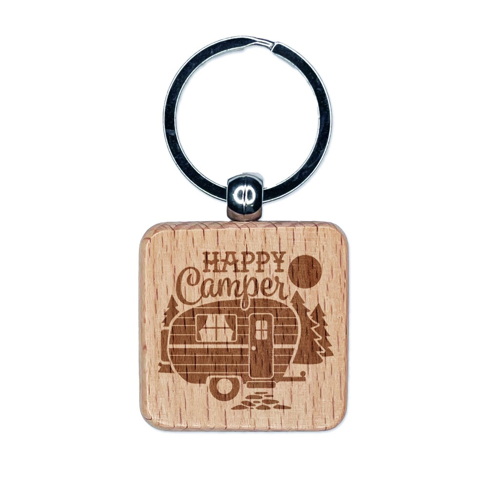Happy Camper Trailer Camping Engraved Wood Square Keychain Tag Charm