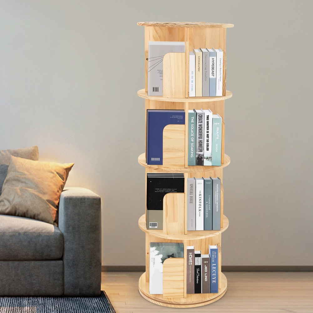 360° Rotating 4-Tier Wooden Bookshelf Floor Stand Modern Storage Display