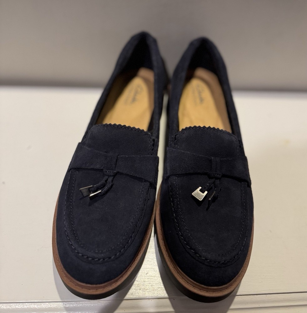 Clarks Westlynn Bella Navy Suede Loafer, Sz. 10 (fit runs small!), Brand New