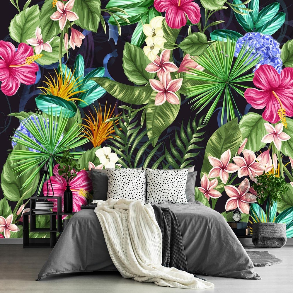 - Pink Floral Tropical Botanical Wallpaper Green Plant Leaf Wall Mural for Li...