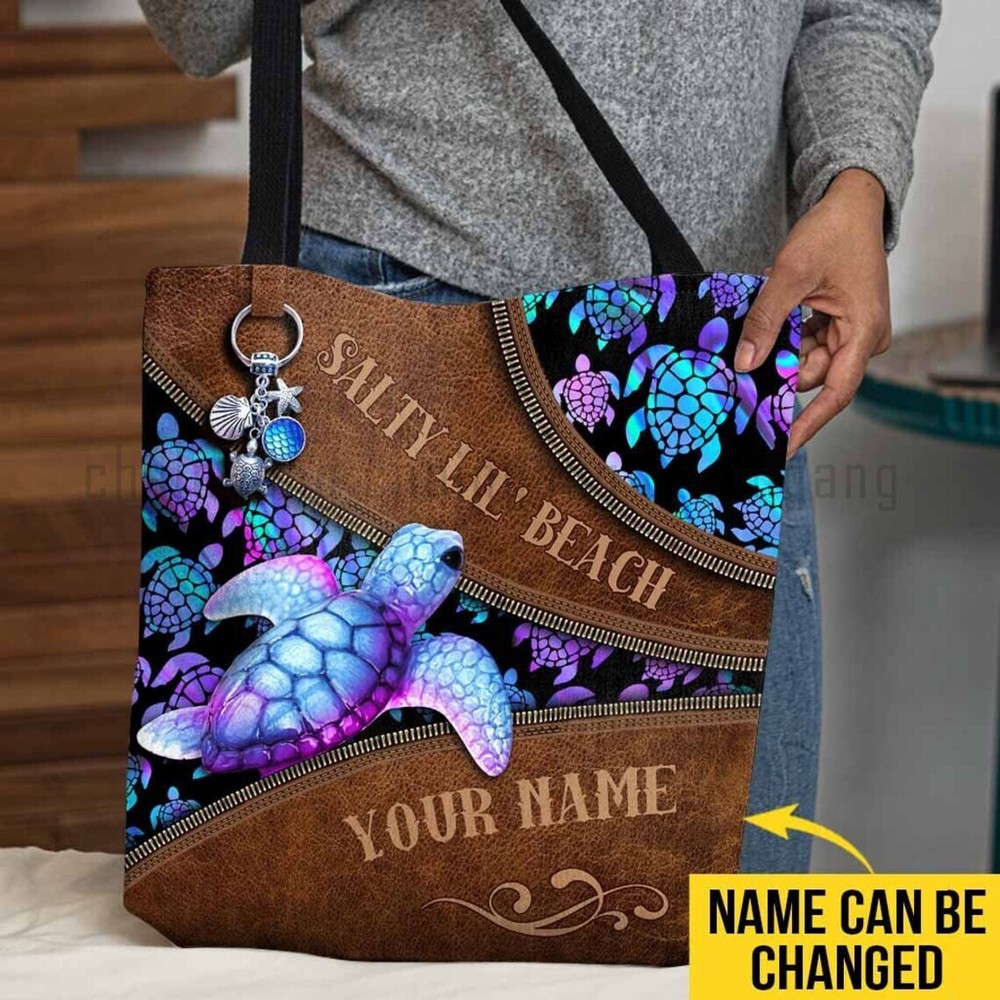 Personalized Turtle Tote Bag, Salty Lil Beach Turtle Handbag Turtle Shoulder Bag
