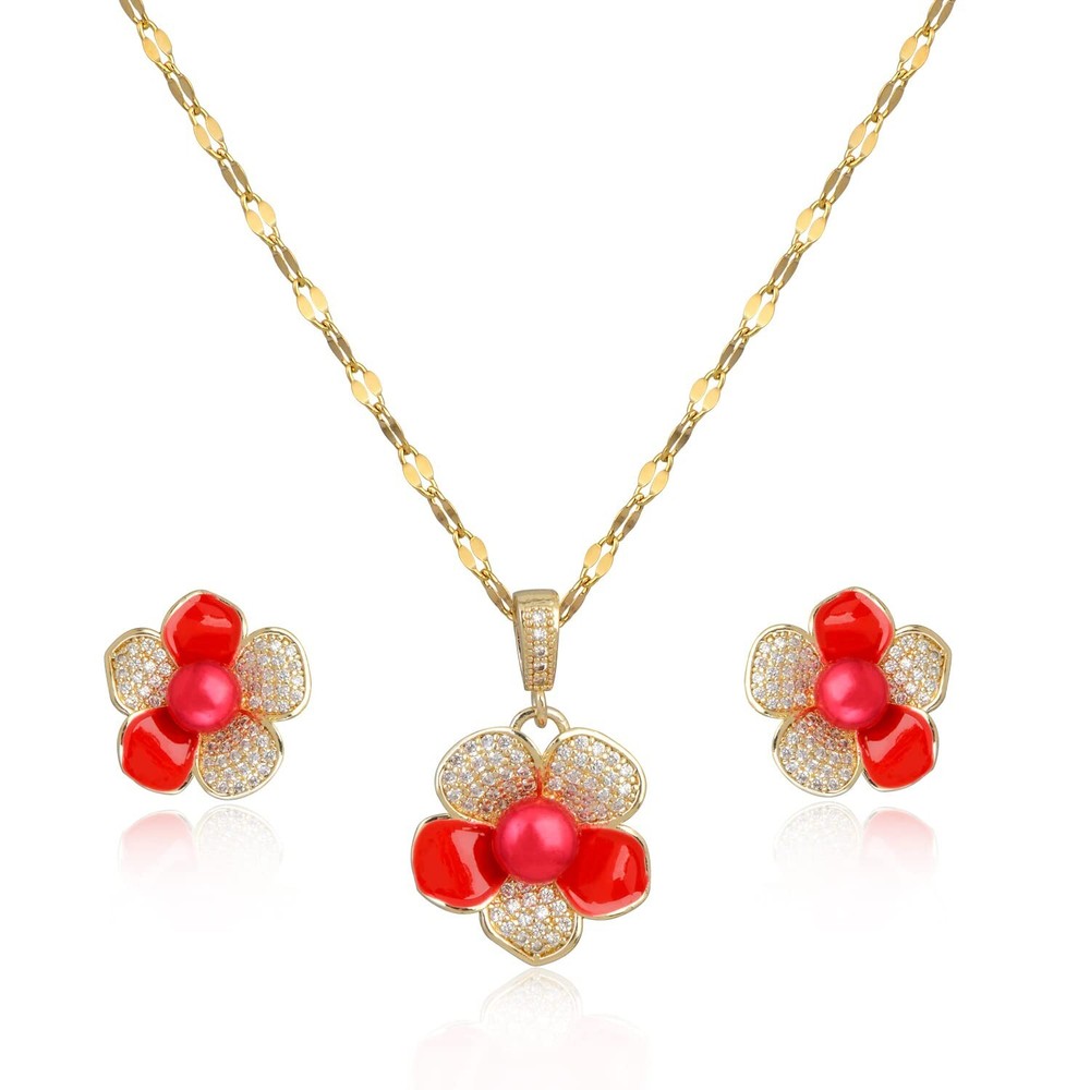 Flower Pearl Jewelry Set - Women's Gold Wedding Jewelry Set Cubic Zirconia CZ...