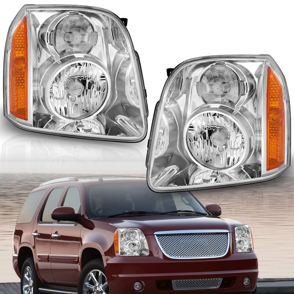 Pair Headlights Assembly Chrome Headlamps For 2007-2014 GMC Yukon XL 1500 2500