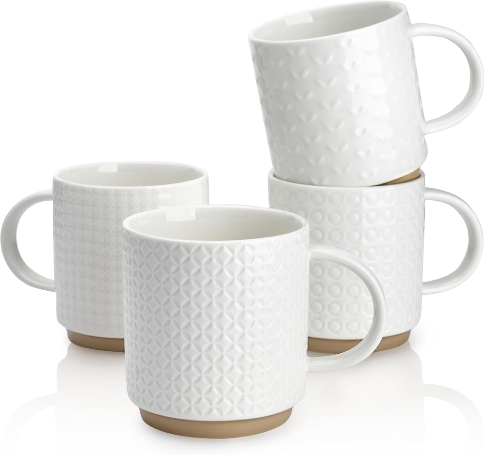 Stackable Coffee Mugs 10 Oz Porcelain Cups with Sculpture Design for Specialty