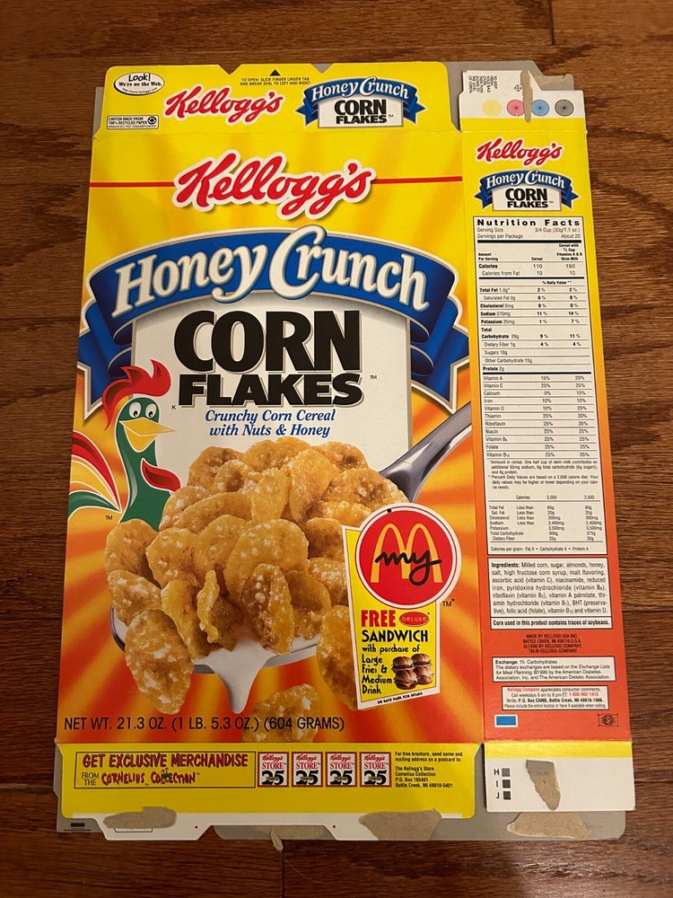 1998 Kellogg's Honey Crunch Corn Flakes Cereal Box with McDonald's Coupon Rare Collectible-image