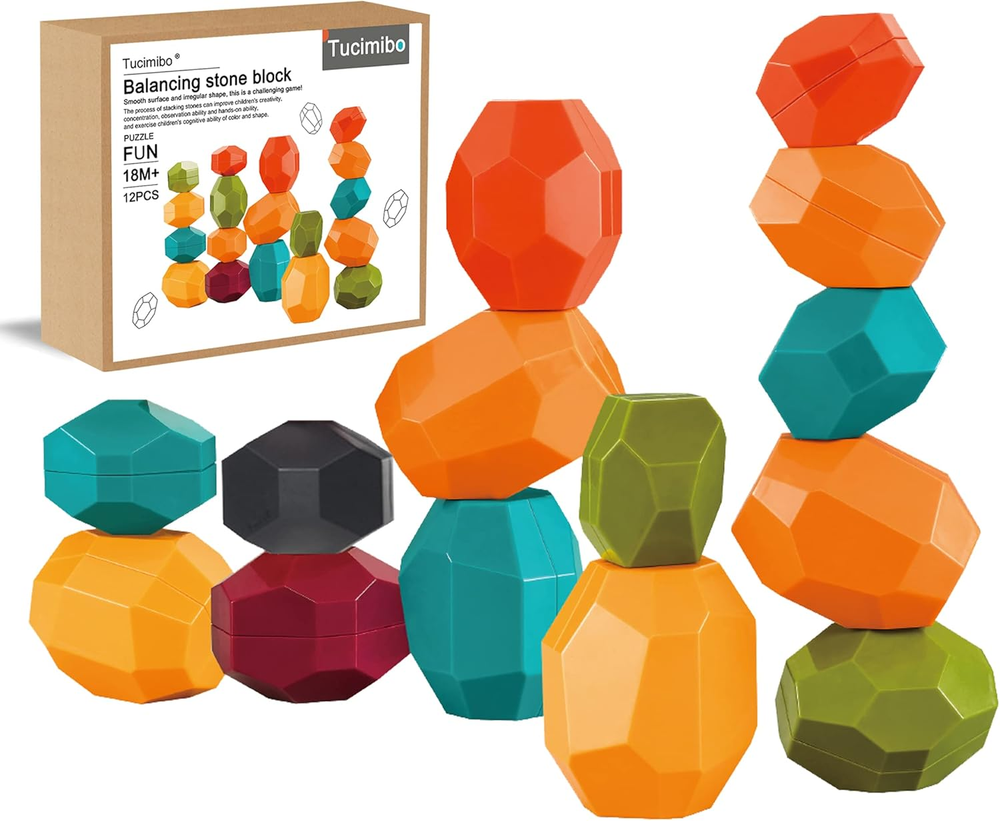 Jumbo Balancing Stones Toy Set, Polyhedral Plastic Stacking Rocks Educational Cr