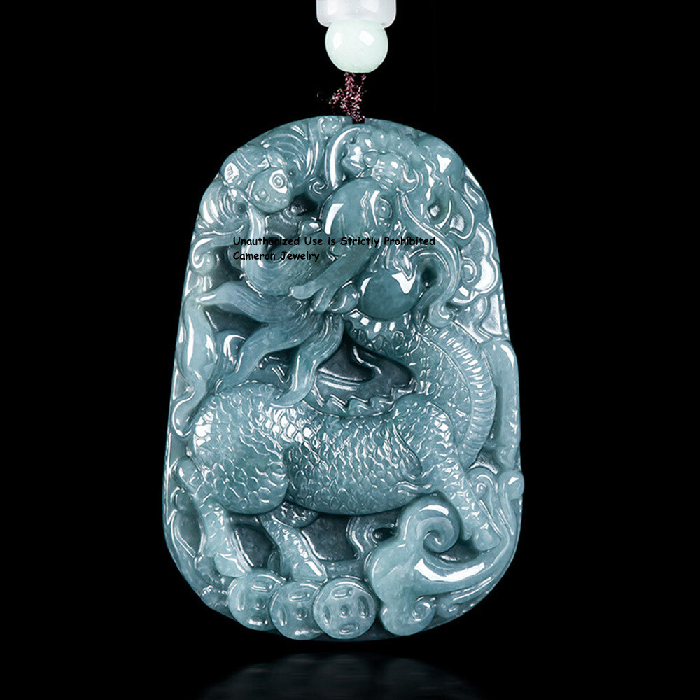 Real Grade A 100% Natural Blue Jade Jadeite Lucky Qilin Oblong Pendant