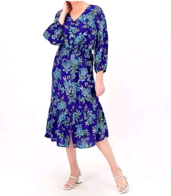 Candace Cameron Bure QVC Floral Printed Button-Front Tie Wast Dress Blue Sz L