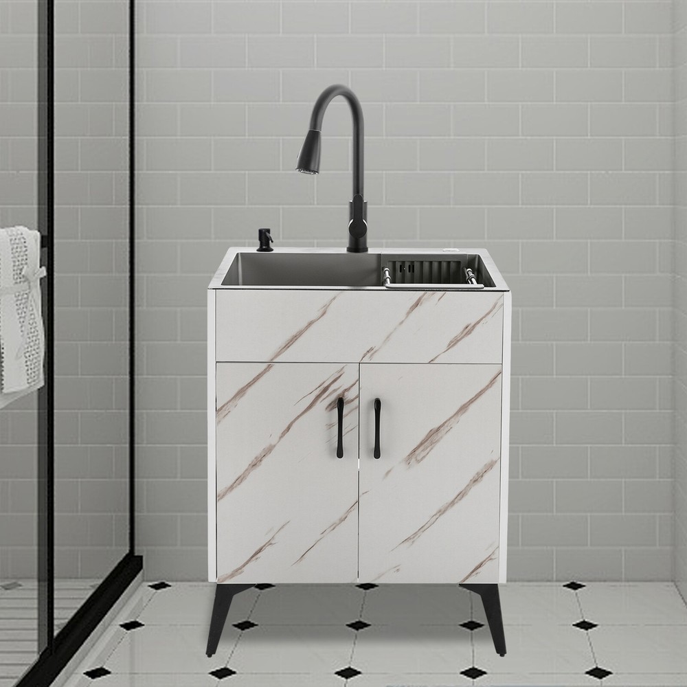 Stainless Steel Laundry Sink with Cabinet & Pull-Out Faucet 24 Inch