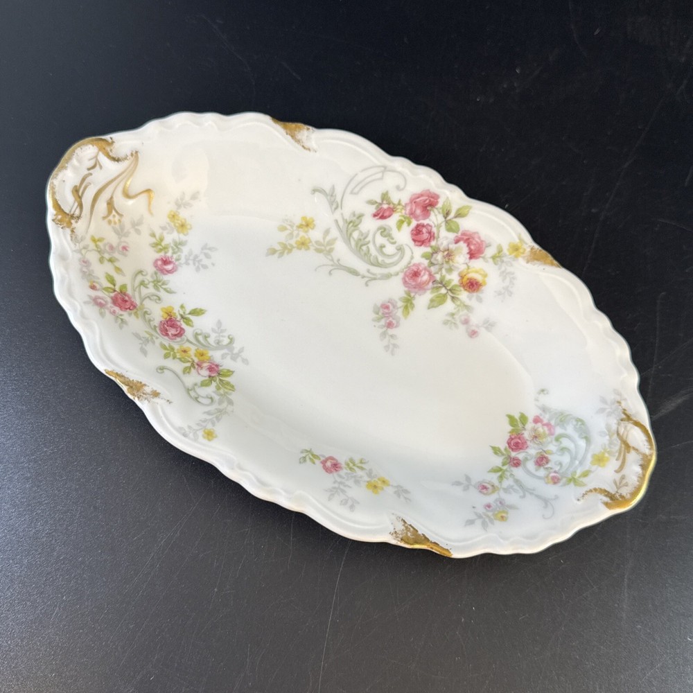 Antique 8.5” Oval Relish/Celery Dish Pink Floral by CH Ahrenfeldt Limoges