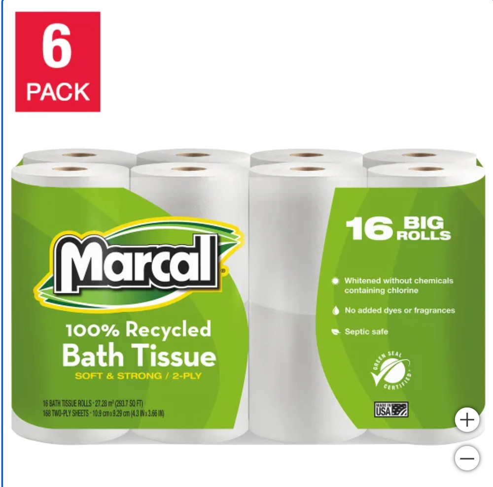 Marcal 100% Recycled 2-Ply Bath Tissue 168 Sheets 96 Rolls Free Shipping