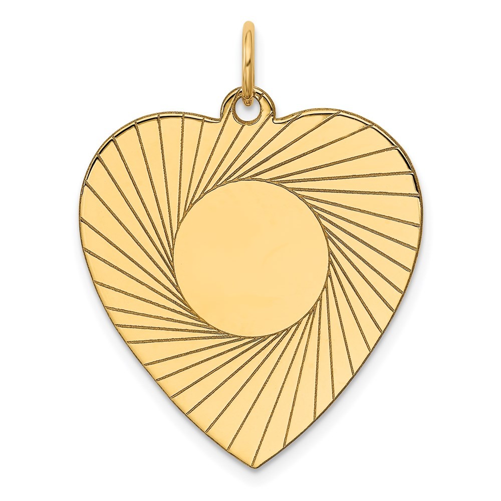 14K Yellow Gold Etched Design 0.018 Gauge Engravable Heart Disc Charm Pendant