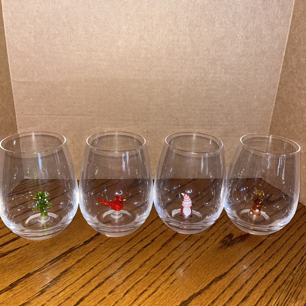 Set Of 4 Stemless Wine Glasses With Hand Blown Glass Christmas Elements