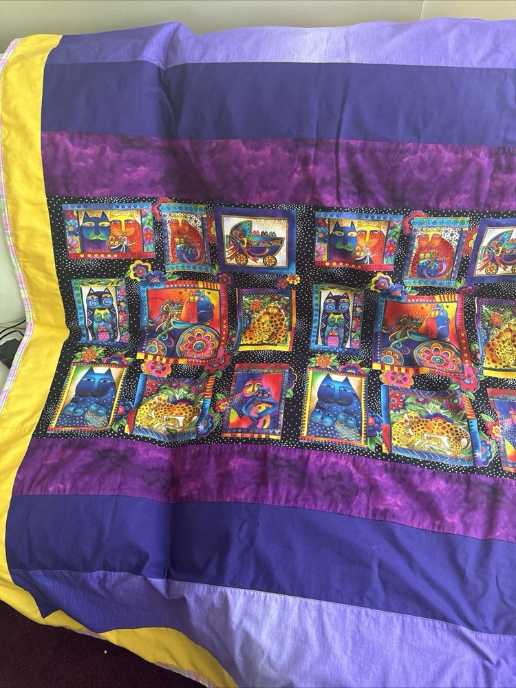LAUREL BURCH COLORFUL CAT KITTY HAND MADE QUILT/WALL HANGING/LAP WARMER 46x62