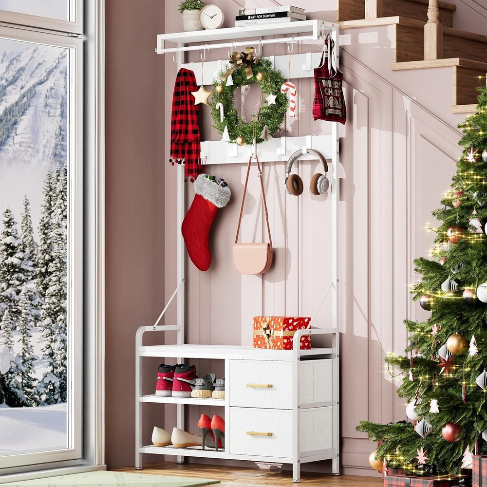 Hall Tree, 31.7” Entryway Bench with Coat Rack Freestanding, 6 in 1 Intelligent