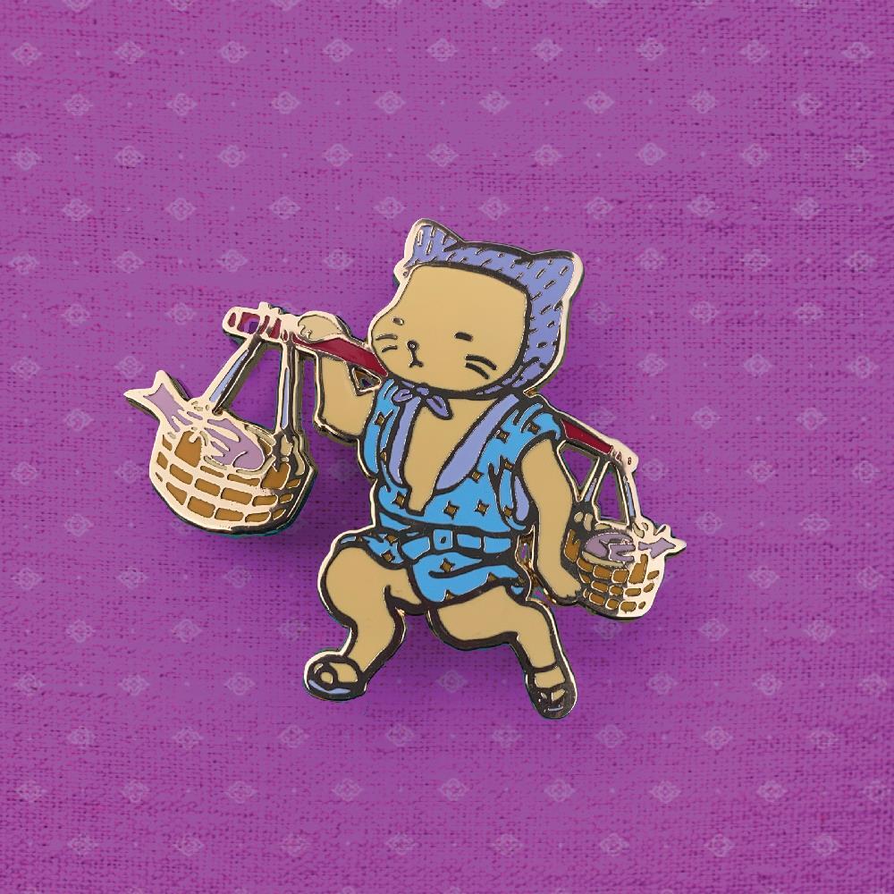 FISH VENDOR CAT ENAMEL LAPEL PIN BY DRAINART
