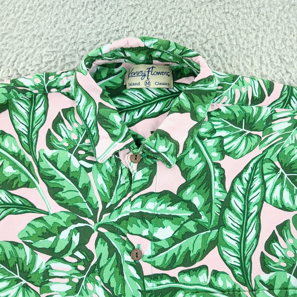 Kenny Flowers Shirt Mens Medium Green Pink Island Classics Hawaiian Aloah Beach