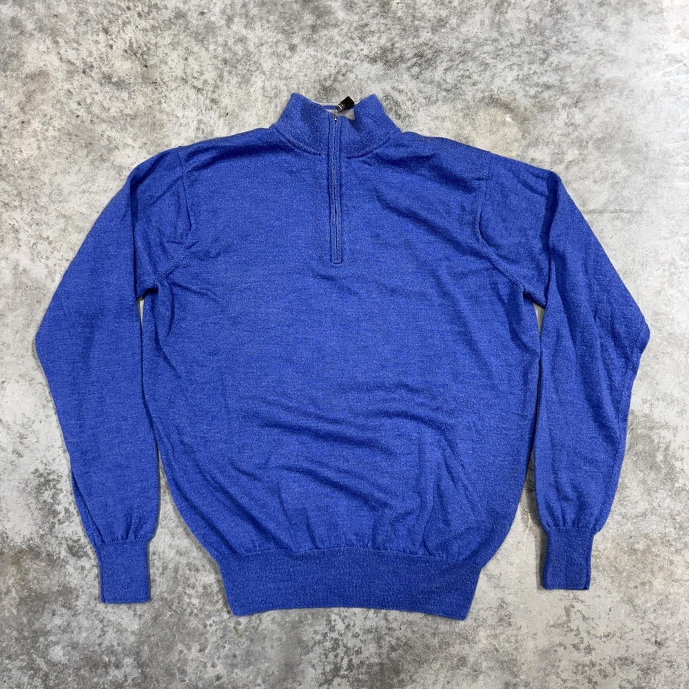 Peter Millar Sweater Mens Medium Blue Merino Wool Silk 1/4 Zip Mock Neck Knit