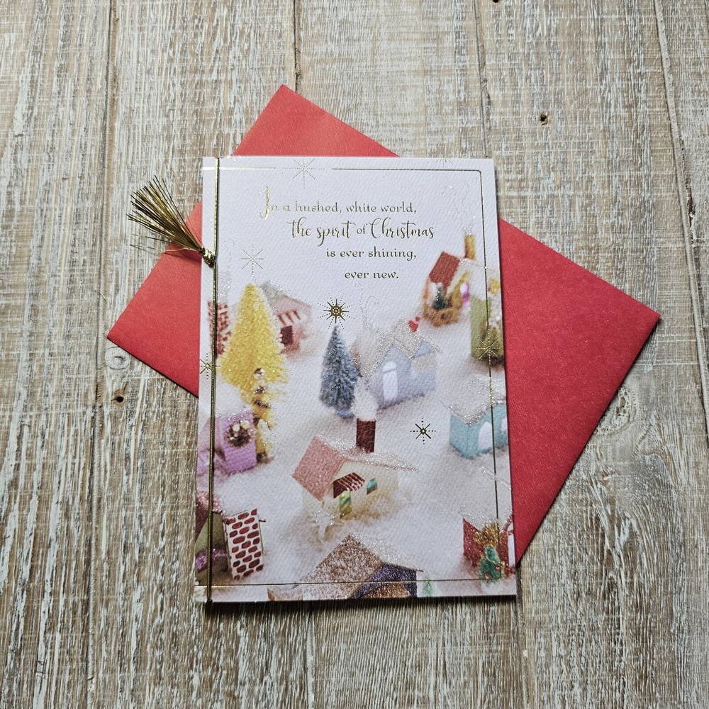Christmas Greeting Card Glitter Snow Gold Foil Ribbon Tassel Hallmark