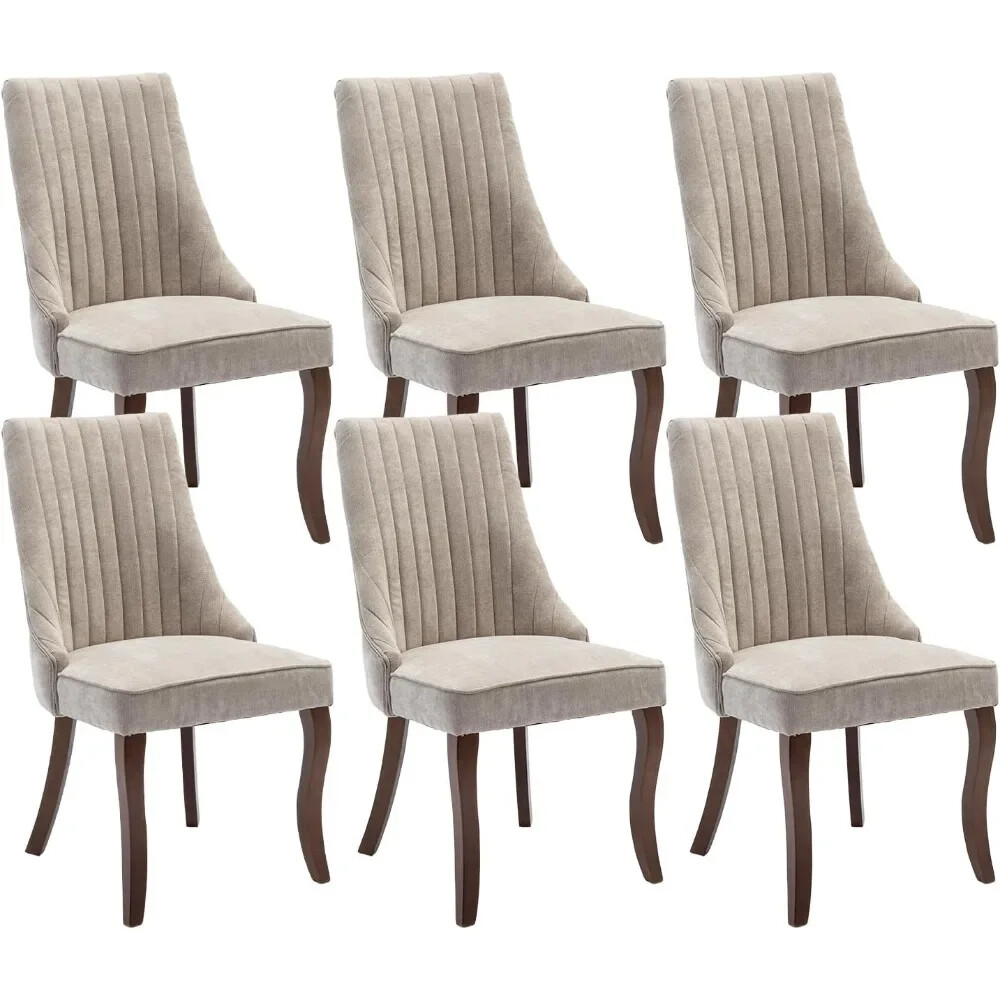 Dining Chairs Set of 6, Linen Channel Tufted Dining Chair with Curved Wood Legs