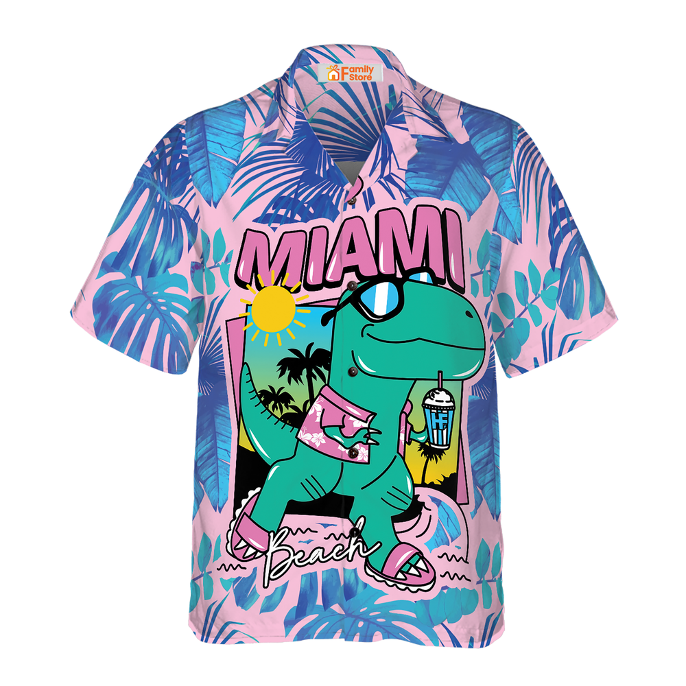 Miami South Beach Tropical Cool T-Rex Dinosaur Hawaiian Shirt for Men in US Size New