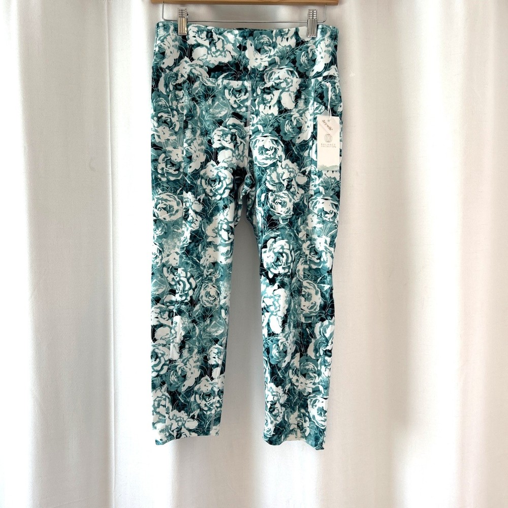 Balance Collection Womens Floral Leggings Teal White High Waist Pocket Large NWT