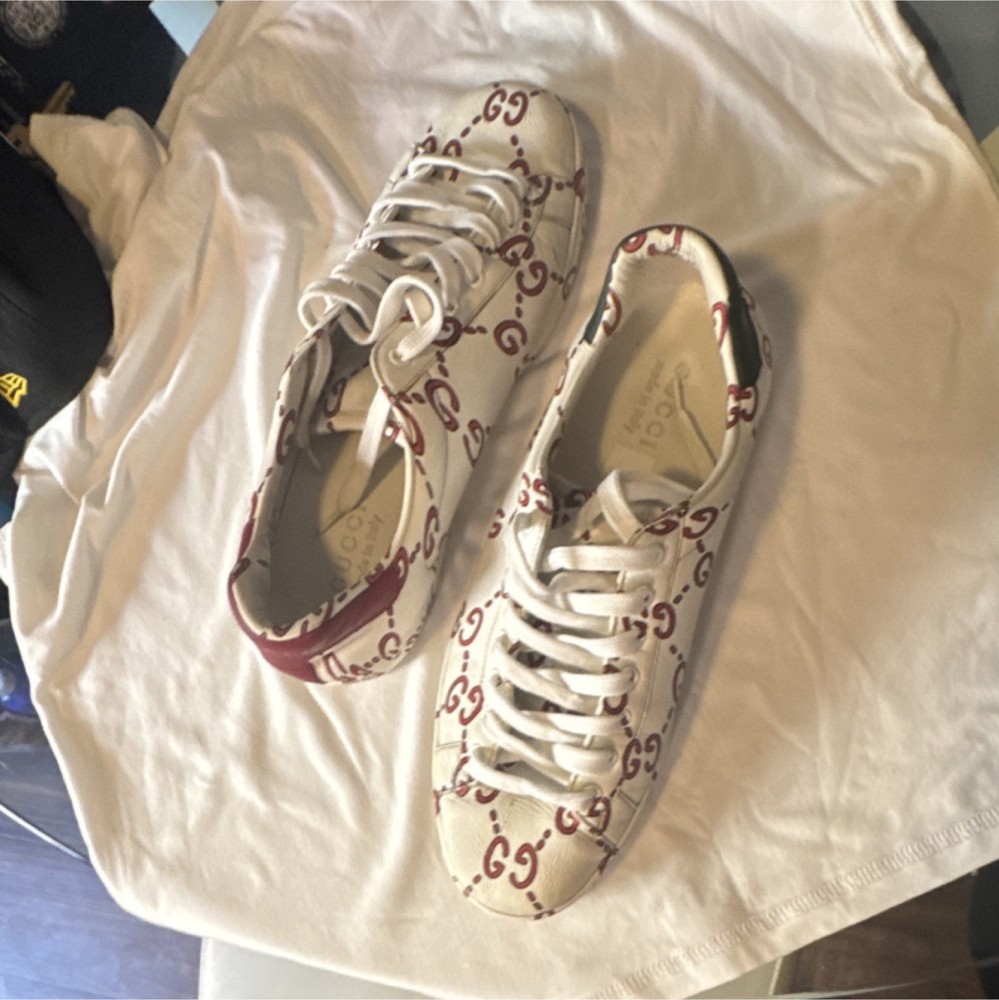 Gucci White Low Top Lace Up Sneakers Logo Pattern Red Green Men